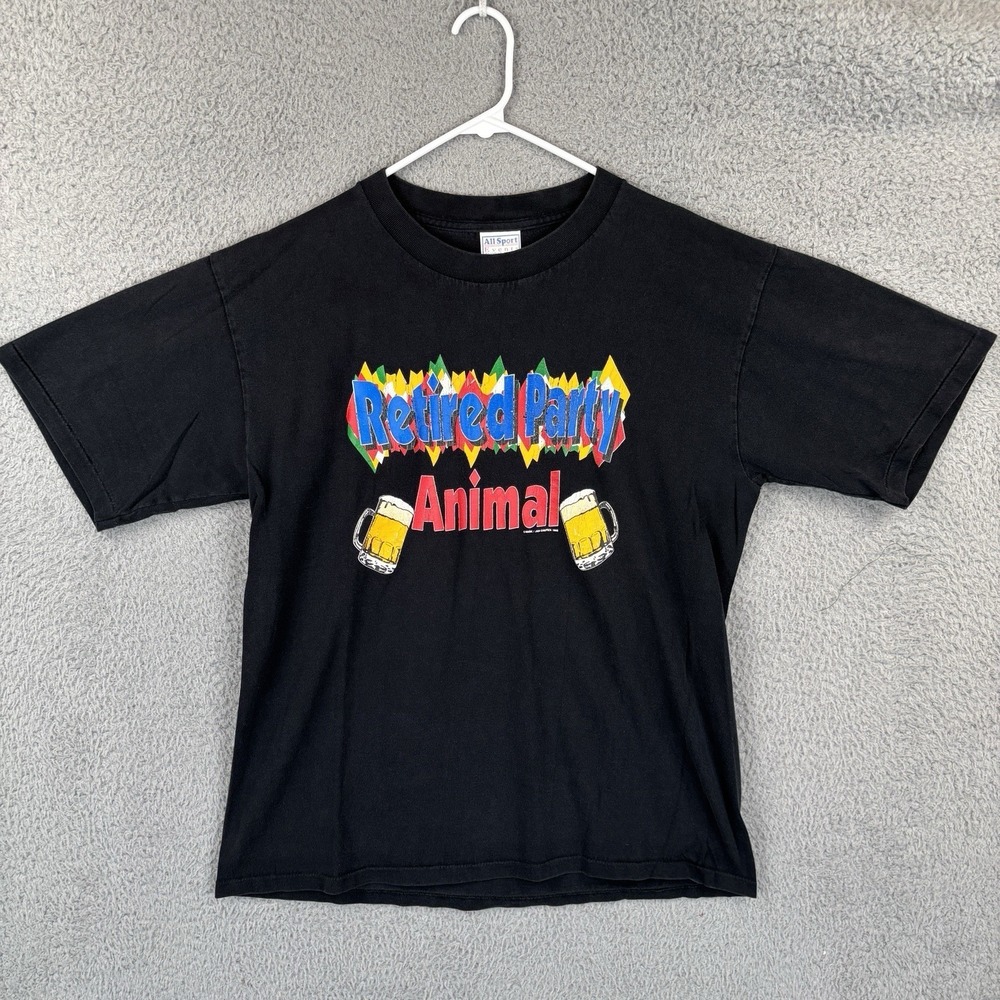 Vintage T-Shirt Mens Large Black Retired Party Animal 90s Single Stich Beer Mug